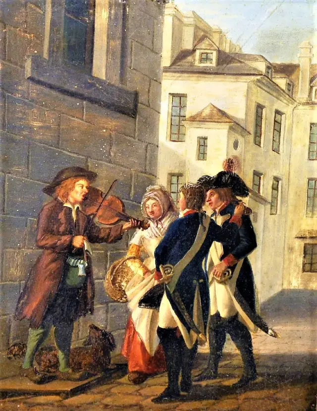 Gabriel Jaques de Saint Aubin (1724-1780) French. The Itinerary musician – Benjamin Franklin