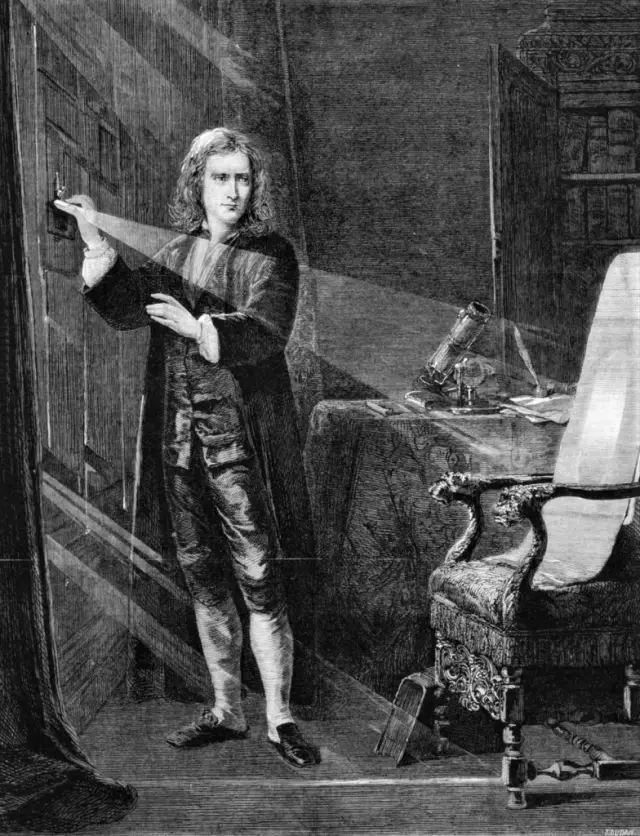 Isaac Newton sunlight study optics prism engraving 1879