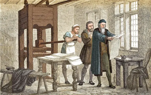 Gutenberg inspecting the first proof sheet of his Bible printed form – printing press
