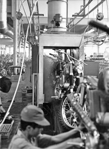 The production line at the Yamaha Motor factory in Japan, circa 1965.