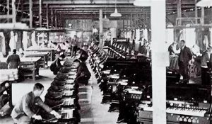 Workers assemble reed organs in the Nippon Gakki factory circa 1890