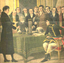 Volta demonstrates his battery to Napoleon Bonaparte in 1801